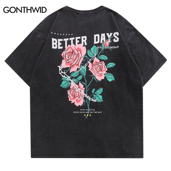 

men's tshirts distressed tshirt streetwar hip hop floral rose letter print vintage tshirt men harajuku summer casual cotton loose shirt, White;black