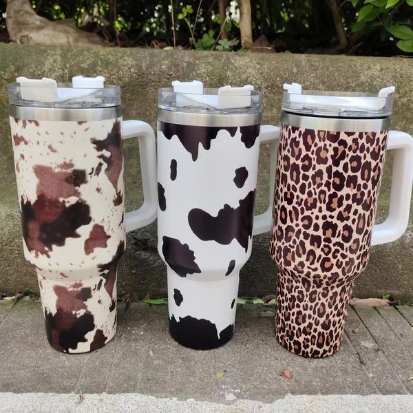 

40oz 3d leopard stainless steel tumblers with handle water bottle portable outdoor sports cup beer mug insulation travel vacuum flask bottle