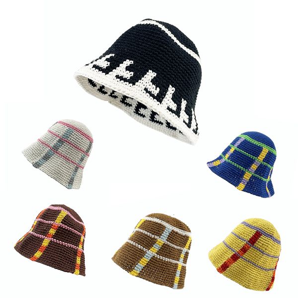 

stingy brim hats design striped bonnets for women handmadecrochet knitted beanies girls winter hip hop street bucket hatskullies 230411, Blue;gray