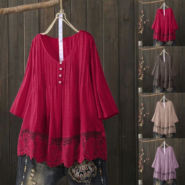 

women's blouses shirts vintage three quarter lace v neck plus size summer blouse summer t shirt blouse blusas de verano para mujer 2304, White