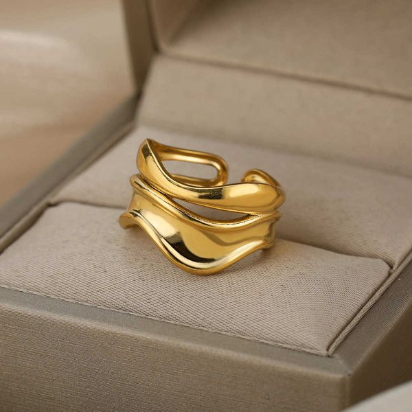 

band rings luxury wide wave rings for women gold plated vintage stainless steel ring elegant aesthetic jewelry couple gift anillos mujer p23, Silver
