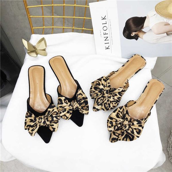

women slippers pointed toe leopard bow mules shoes slip on fashion outside shallow beach shoes slides flats heeled size 35 40 230411, Black