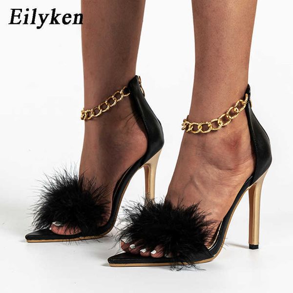 

summer new chain ankle strap sandals women open toe thin high heels faux fur female wedding shoes 230306, Black