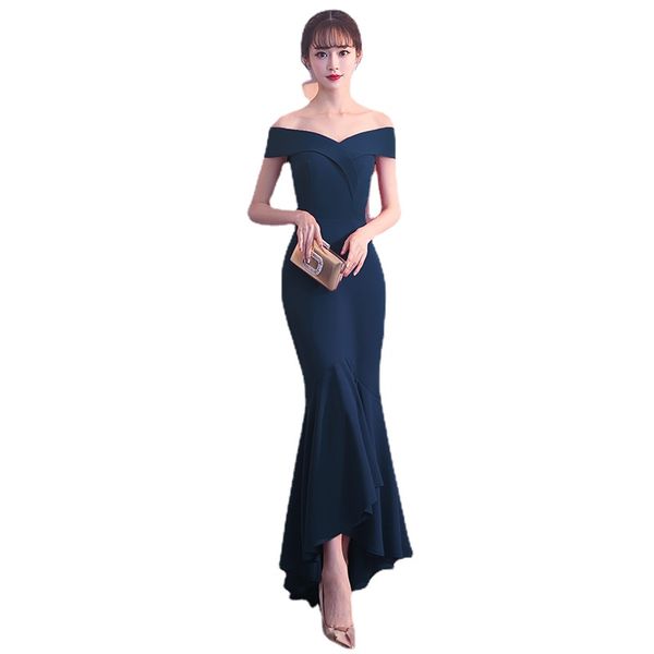 

navy blue women slash neck mermaid party dress backless costume formal dress evening prom short sleeve gown, Black