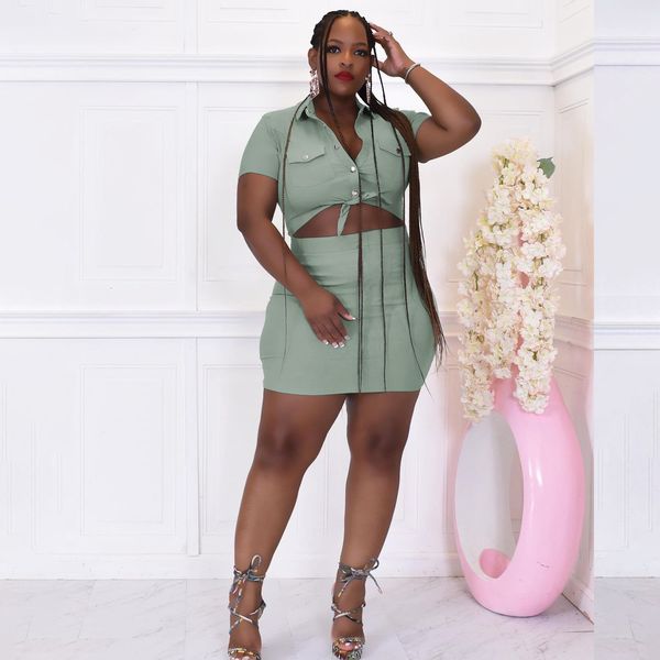 

plus size dresses size two piece dress solid button bandage party elegant skirt female luxury korean style outfit 2023 summer casual sets 23, Black