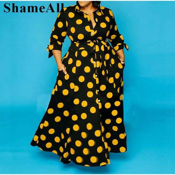 

plus size dresses size three quarter sleeve polka dot long maxi with belt 4xl vintage elegant high waist sashes button up shirt 230410, Black
