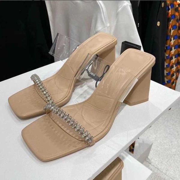

new sandals womens rhinestone heeled woman transparent bling strap square high heel slipper female fshion summer pumps 230406, Black