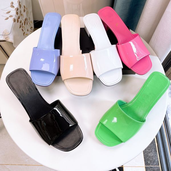 

4.5cm 8cm block heels women's slippers paris chanl patent leather sandal pumps 2023 heeled cruise mules slides platform summer flip flo, Black
