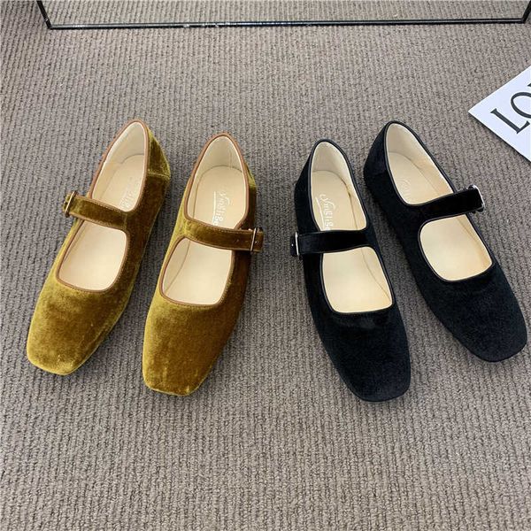 

flat bottomed niche french velvet square toe mary jane single shoe women's shoes 2023 new soft soled grandma's shoes 230411, Black