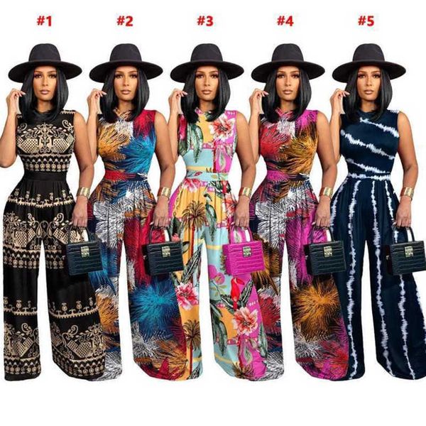 

summer women two piece pants suit fashion pattern printed sleeveless jumpsuit and wide leg pants set outfits, White