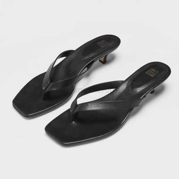 

toteme pure original french retro square head kitten heel leather flip-flops comfortable and versatile slippers muller shoes for women summe, Black
