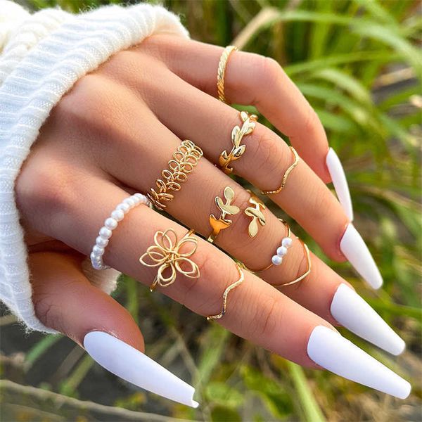 

band rings bohemian wave flower rings set for women vintage geometric pearl butterfly metal chain knuckle rings 2022 trendy jewelry gift p23, Silver