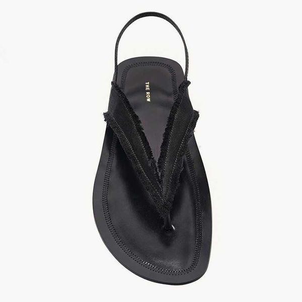 

row the fashion minimal silk fringe sandals with pinch toes versatile back strap open toe flat bottom flip-flops women summer, Black
