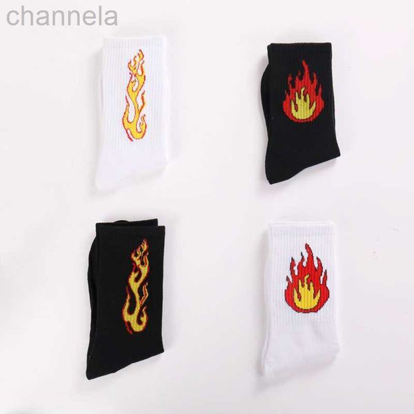 

men's socks fashion white cotton breathable with print hip hop street style flame hip-hop skateboard socks, Black