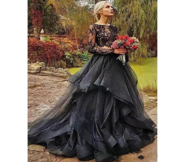 

modest black gothic two pieces wedding dresses jewel neck illusion full sleeve chapel wedding gowns tiered ruffles country bri7822315, White