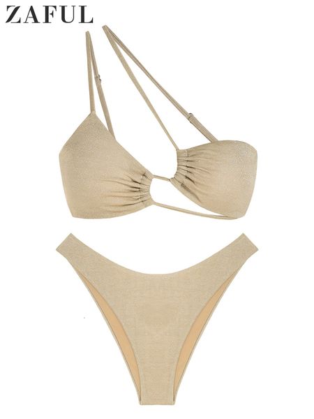 

women's swimwear cut out bikini one shoulder swimsuit strappy shiny cheeky solid two piece high bathing suit beachwear 230411, White;black
