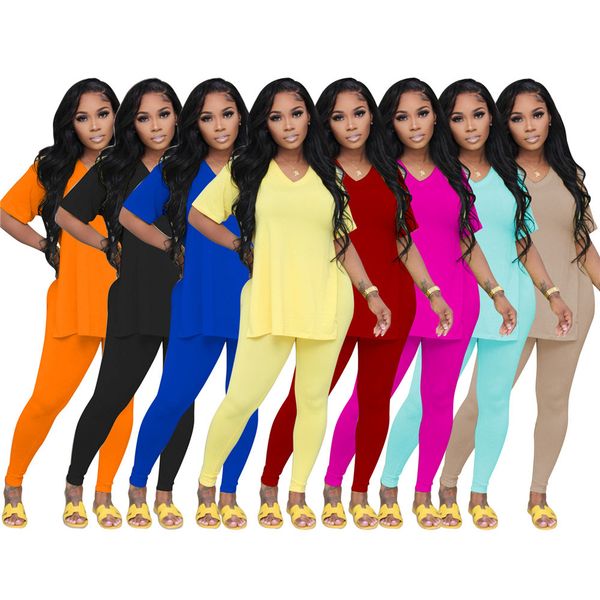 

2023 designer summer tracksuits women two piece sets short sleeve split t-shirt and pants matching sets solid outfits casual jogger suits wh, Gray