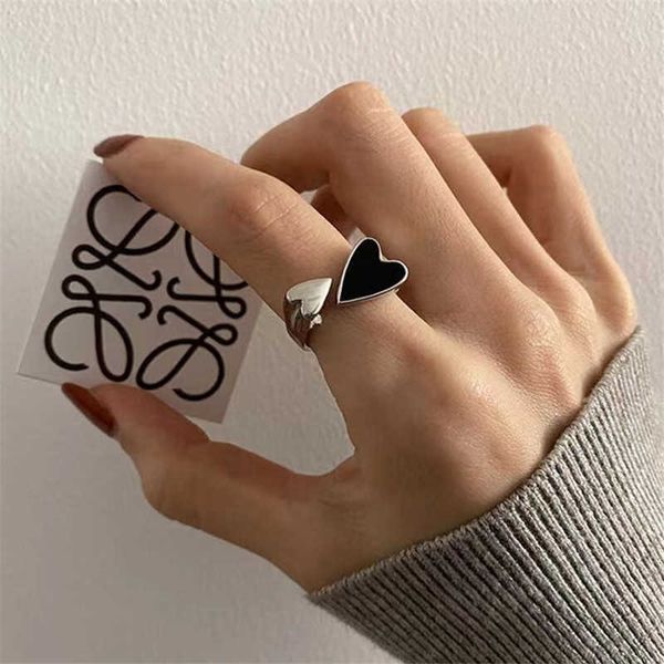 

band rings new trendy two-color blk heart rings for women minimalist aesthetic drop of oil open rings female metal punk party jewelry p23041, Silver