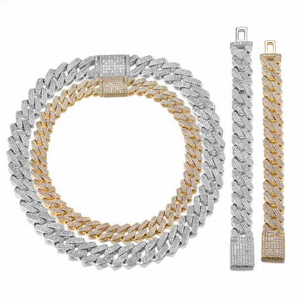 

factory wholesale jewelry 14mm 14k 18k gold plated iced out cuban link kolye full diamond cz prong chain necklace, Silver