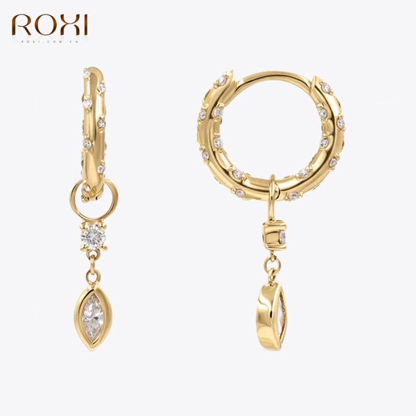

hoop huggie roxi 925 sterling silver water drop pendant hoop earrings for women summer bohemian beach drop dangle earrings pendientes plata, Golden;silver