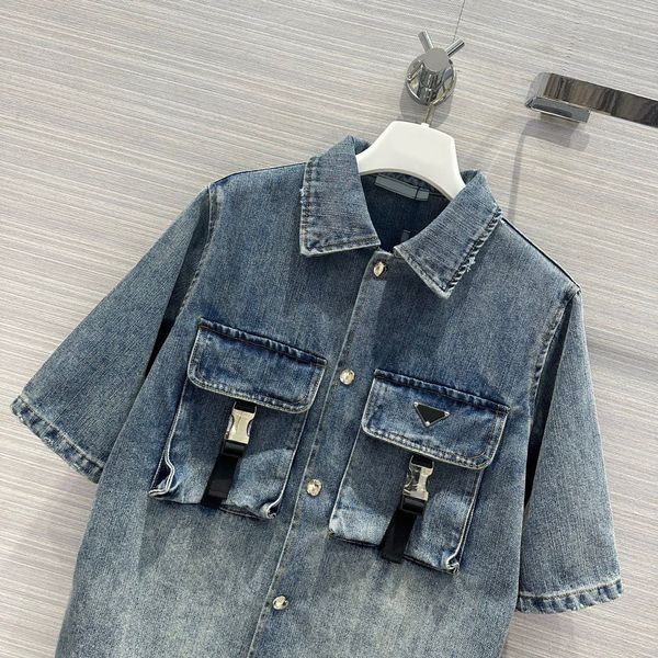 

piece shirt brand summer fashion two women t dress short sleeve loose lapel jacket and casual pocket skirt ladies denim suits, White