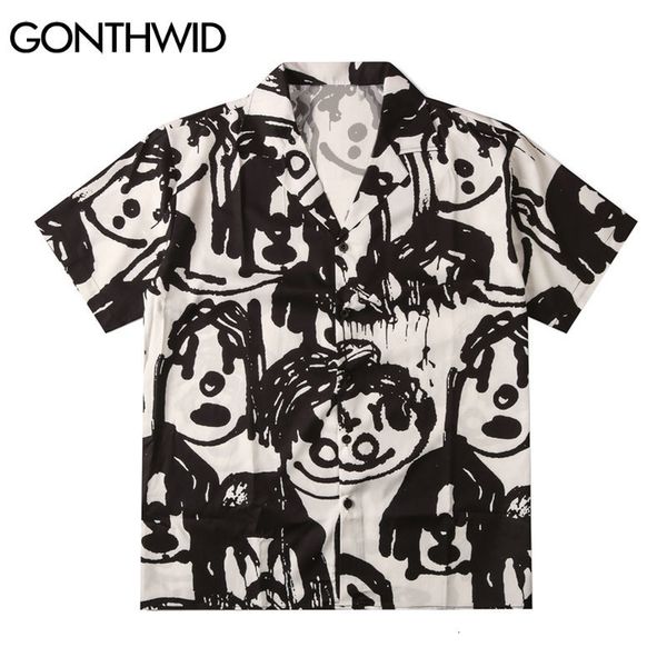 

men's casual shirts gonthwid hawaiian beach shirts harajuku graffiti cartoon print shirt streetwear hip hop summer casual aloha fashion, White;black