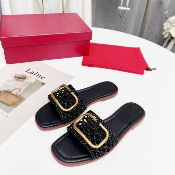 

summer beach casual slippers designer women's sandals vlogo signature slippers transparent sandals grain cowhide flat shoes., Black