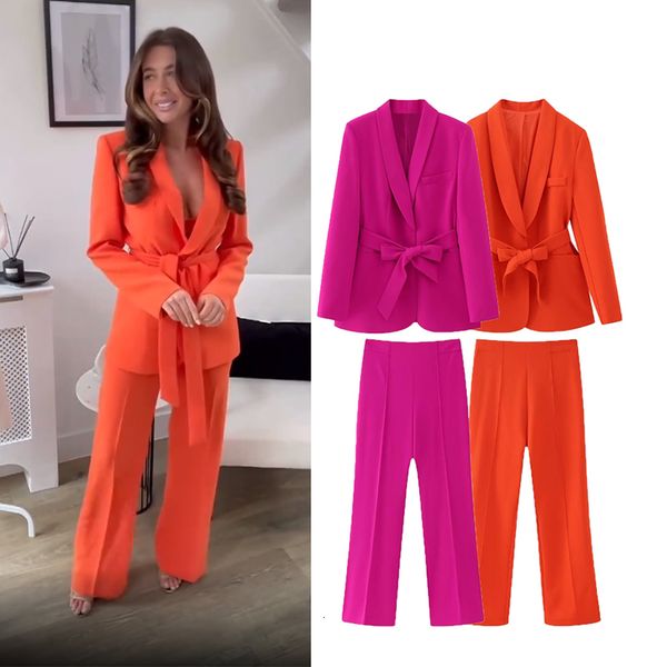 

women's two piece pants set 2023 spring fashion slim belt women suit chic high waist wide leg blazers sets party holiday street 2 piece, White