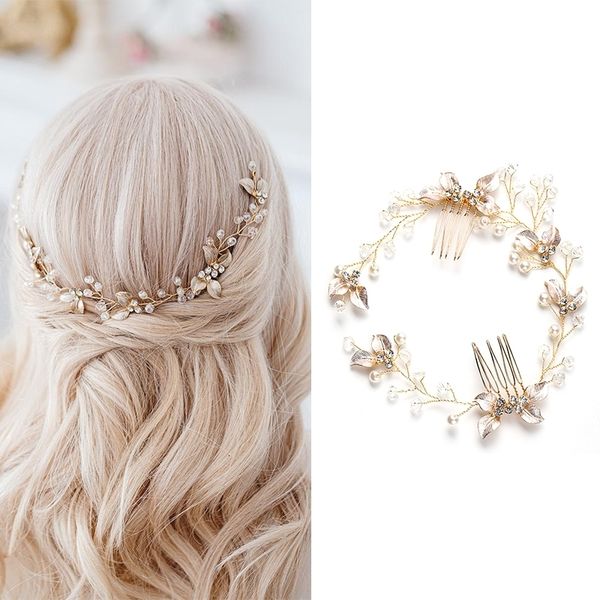 

wedding hair jewelry pearl leaf comb headband accessories for women tiara on the head 230410, Slivery;golden