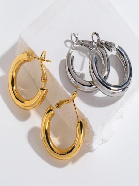 

hoop huggie aensoa goldsilver color copper alloy thick earrings circle round women men chunky hoops earring punk je3701646, Golden;silver