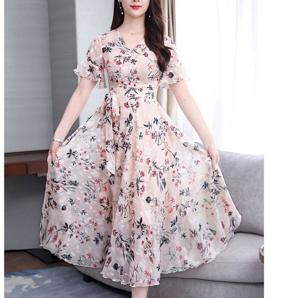 

casual dresses ladies elegant party dress vneck short sleeve fashion skirt long dress floral printed summer dress vestidos de mujer 230410, Black;gray