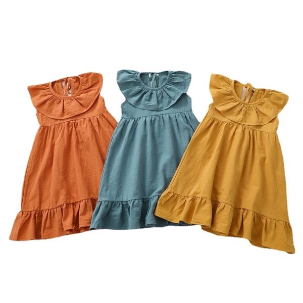 

Girls Dresses Summer Girl Linen Color Solid Ruffles Collar Children Sleeveless Kids Sarafan Sundress Casual Clothing 230410, Brick red