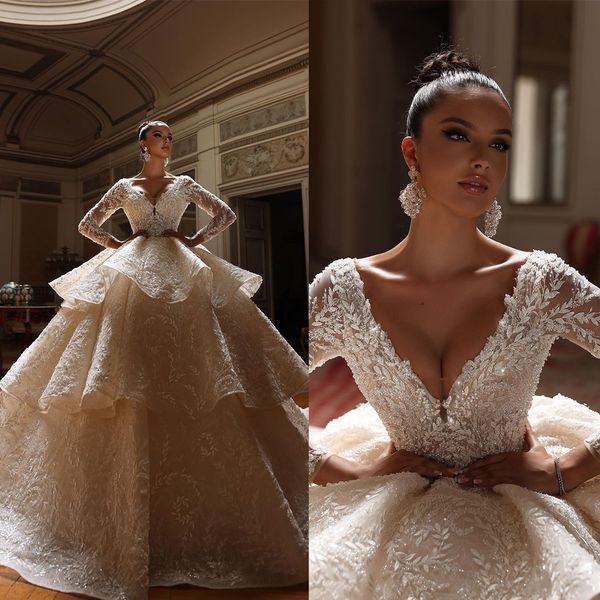 

full sleeve arabic wedding dresses ball gown v neck sequined lace bridal dress sweep floor custom made gowns, White