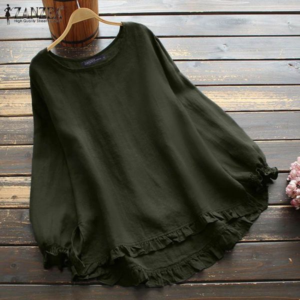 

women's blouses shirts zanzea spring women blouse o neck long sleeve vintage casual ruffles shirt solid color blusas loose chemise tun, White