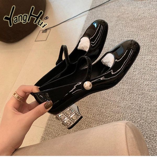 

dress shoes mary jane women's 2023 spring and autumn round head rhinestone pearl buckle thick heel shallow high pumps summer, Black