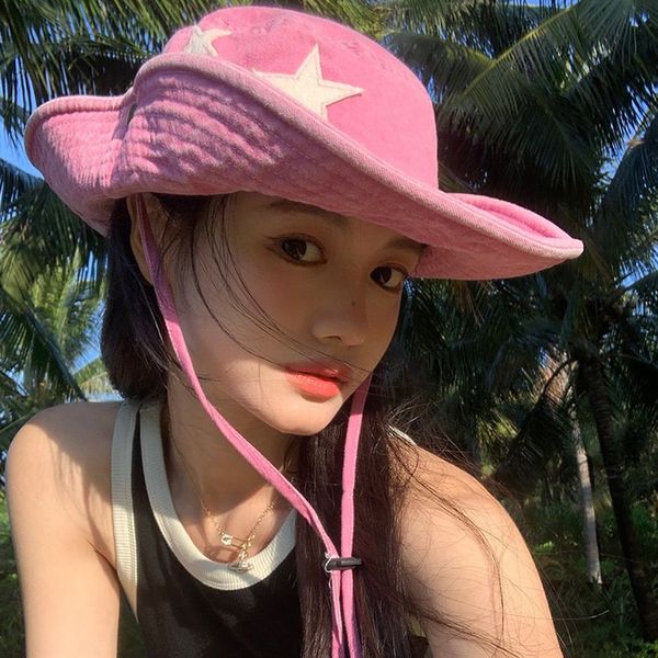 

stingy brim hats y2k punk bucket hats women 2023 pink stars retro big brim sun protection mountaineering cap spring and summer outdoor mens, Blue;gray