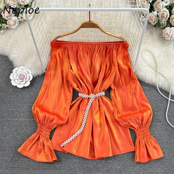 

women's blouses neploe 2023 autumn european blusa fashion off shoulder slash neck lantern sleeve shirt femme westernized loose waist, White