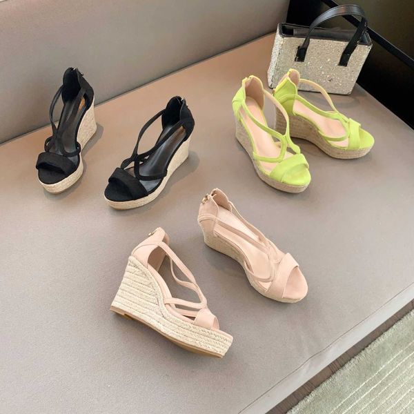 

summer new suede grass woven hemp rope 10cm thick bottom waterproof platform fish mouth slope heel sandals fairy style 230411, Black
