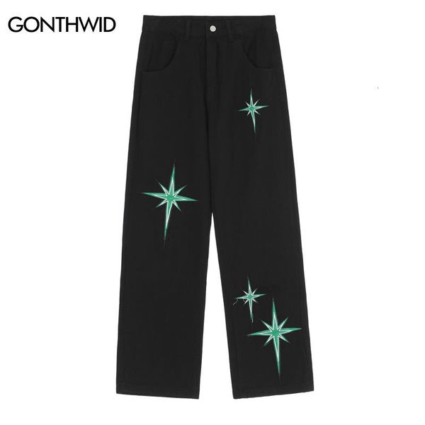 

men's pants mens jeans pants streetwear hip hop vintage embroidered star baggy denim pants harajuku causal high waist trousers black 23