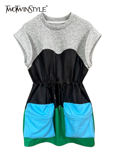 

casual dresses twotwinstyle streetwear dress for women round neck sleeveless high waist patchwork colorblock mini dresses female summer clot, Black;gray