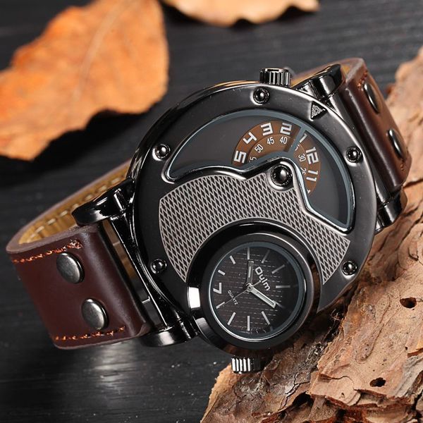 

wristwatches oulm two time zone sports wristwatch military army men's casual pu leather strap antique designer quartz watch male clock, Slivery;brown