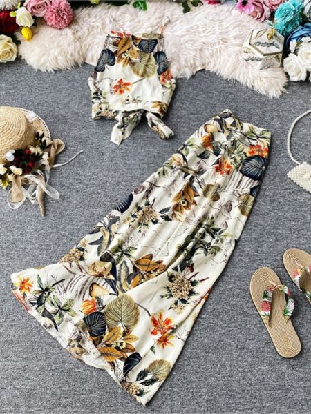 

two piece dress summer elegant flower skirts set womens spaghetti shoulder strap tank waist saya two piece set womens beach casual wear 2304, White