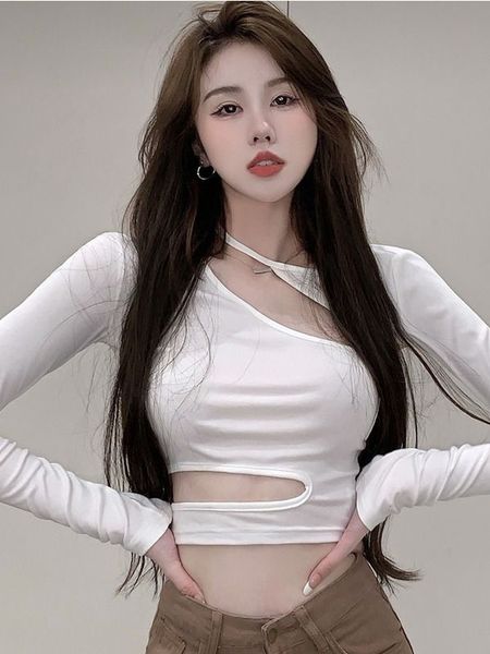 

women's t-shirt harajuku skinny t-shirt women long sleeve crop tee shirts korean style streetwear grunge aesthetic y2k hollow tshirts a, White
