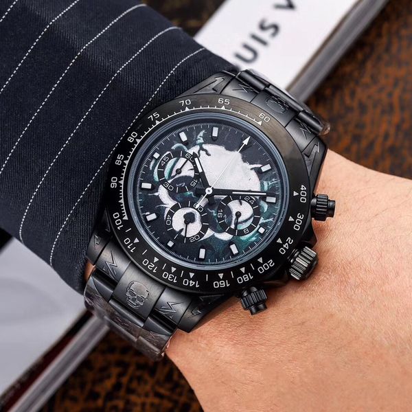 

2023 vintage watch luxury mens black case skeleton watches quartz chronograph function sapphire glass tona stainless steel strap male swatch, Slivery;brown