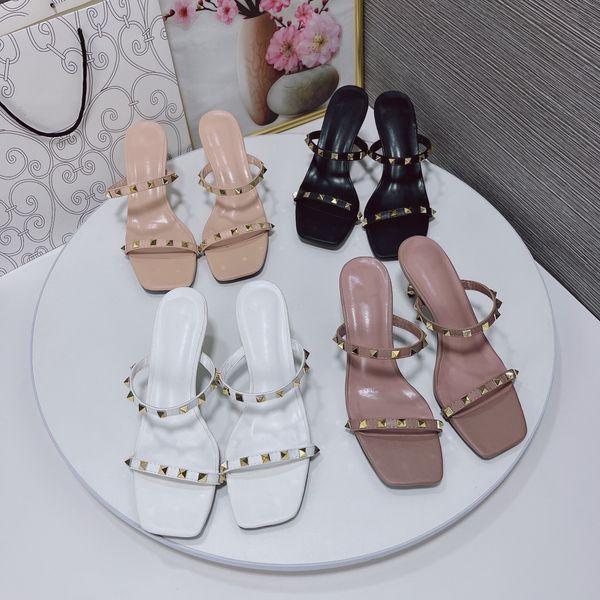 

senior brand designer studded sandals fashion week electroplated hardware studded heel 6cm leather slippers flip-flops v 34-42, Black