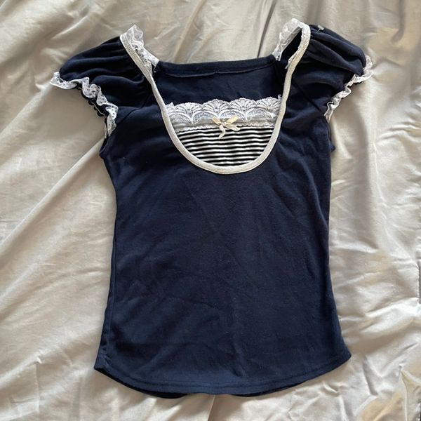 

women s t shirt kawaii bow lace trim t shirt vintage striped patchwork slim fit crop y2k aesthetic fairy grunge retro pullover tee 230411, White