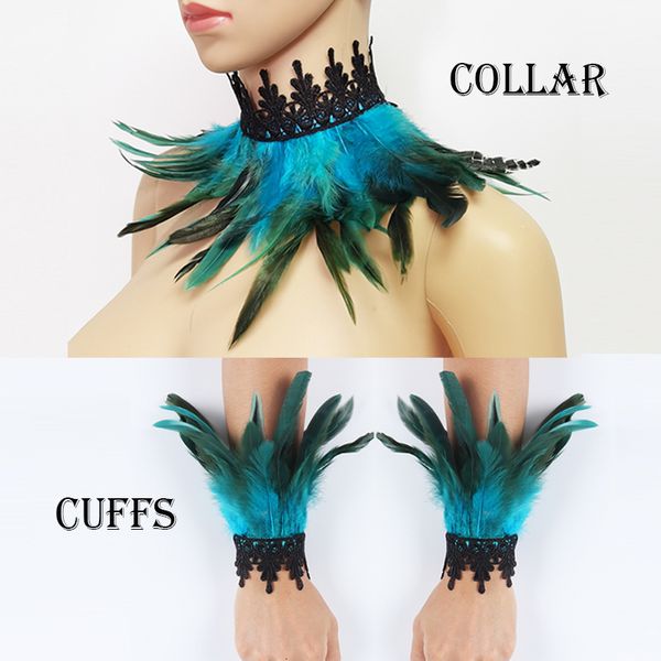 

neck ties feather collar with wrist cuffs set victorian fake collar women detachable collar cuello falso mujer gothic feather party props 23, Blue;purple