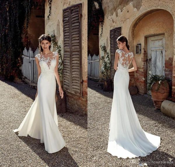 

2020 new country style mermaid wedding dresses lace applique sheer neck floor length bohemian wedding dress bridal gow1925151, White