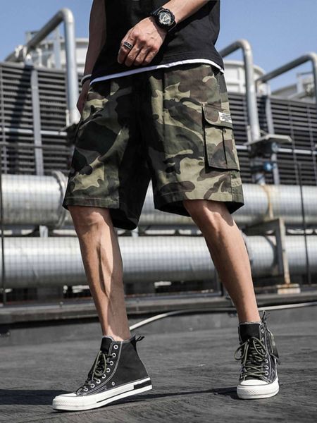 

men s shorts men random camo print flap pocket drawstring waist cargo aechoice 220410, White;black