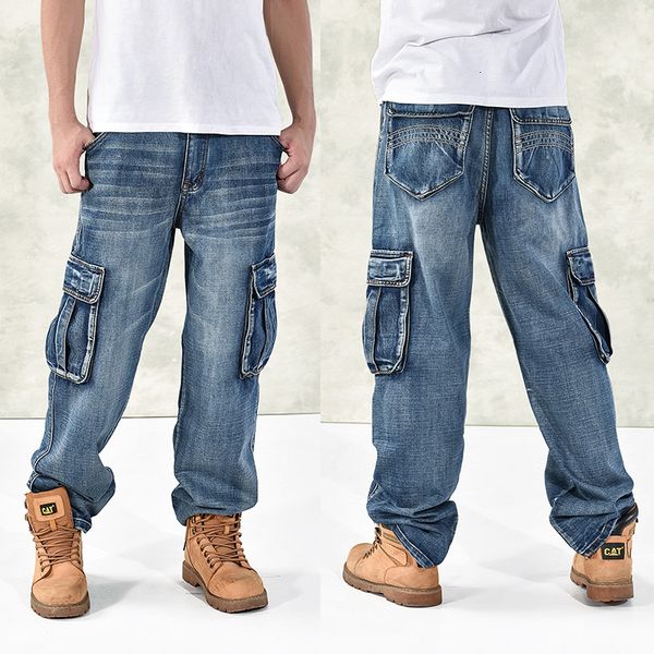 

men's jeans large size 3044 jeans fashion loose big pockets hiphop skateboard casual men denim blue black design brand 230410
